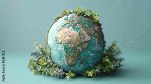 A beautiful and serene image of a green planet Earth. The continents are a light blue and the oceans are a deep blue. The planet is surrounded by a lush green wreath of leaves.