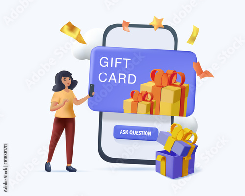 Digital gift card abstract concept 3D vector illustration. Mobile store app, digital gift idea buying certificate online