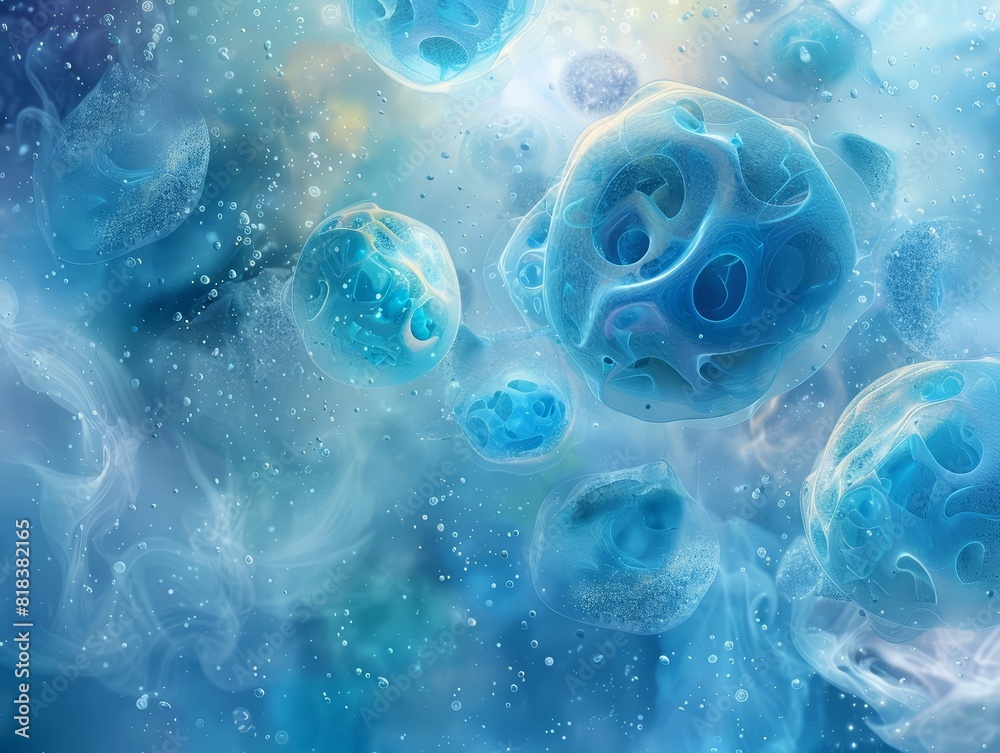 A highly detailed image of blue cells floating in a fluid environment A highly detailed image of blue cells floating in a fluid environment