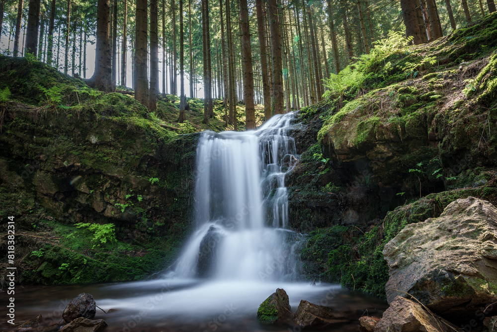 A serene waterfall flows through lush vegetation in a forested ecoregion A serene waterfall flows through lush vegetation in a forested ecoregion