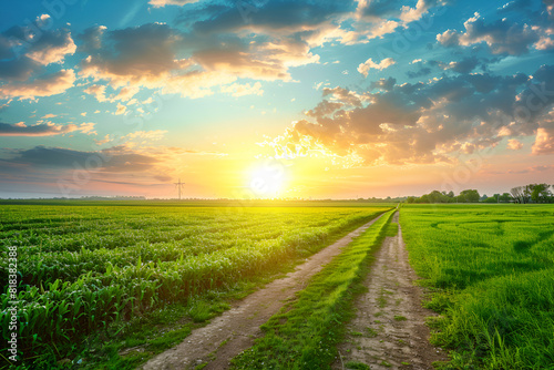 Panorama of green field with dirt road and sunset sky. Summer rural landscape sunrise