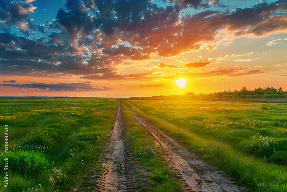 Panorama of green field with dirt road and sunset sky. Summer rural landscape sunrise