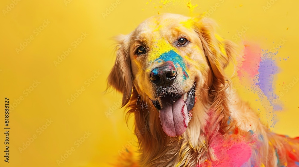 A golden retriever covered in colorful powder. The dog is smiling and looks happy.