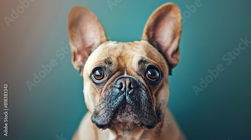 A studio portrait of a French Bulldog with big ears. The background is blue-green, and the dog is looking at the camera with a curious expression. © K-MookPan