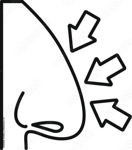 Simple black line art depicting a human nose with arrows indicating congestion