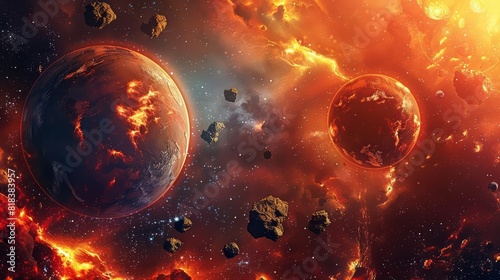 A topview image of two planets amidst a fiery cosmic landscape