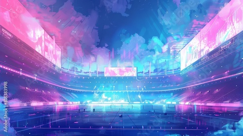 A watercolor clipart of a futuristic arena with glowing neon lights and holographic displays on a white background photo