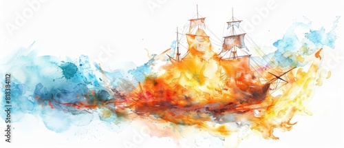 A watercolor clipart of a burning ship on a white background, with soft, flowing colors representing the flames and smoke, capturing the drama in a delicate and artistic style