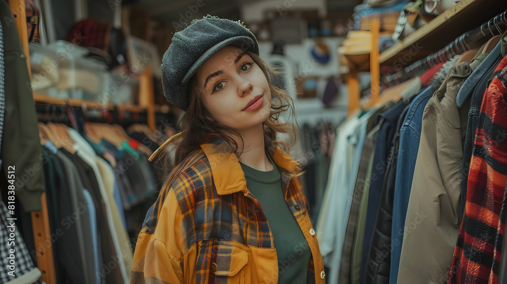 Gen Z young girl looking for clothes, unique and vintage finds in second hand clothing shop, charity shop, thrift store. Sustainable fashion, circular market, zero waste lifestyle PHOTOGRAPHY
