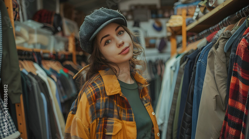 Gen Z young girl looking for clothes, unique and vintage finds in second hand clothing shop, charity shop, thrift store. Sustainable fashion, circular market, zero waste lifestyle PHOTOGRAPHY 