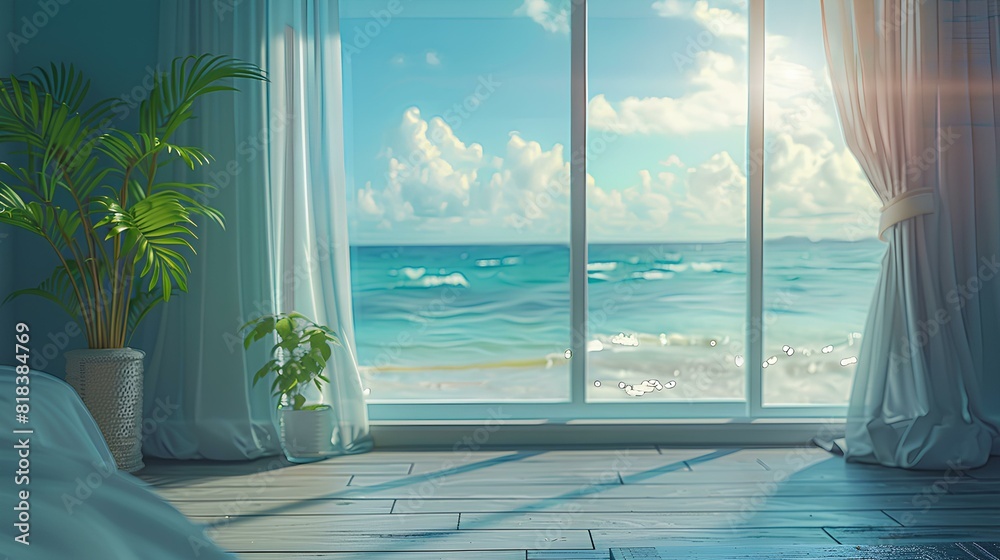 Ocean View from Sunny Window,A bright, airy room with open curtains revealing a stunning ocean view, blue skies, and lush green hills, creating a peaceful ambiance.

