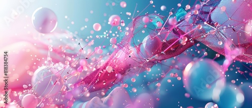 An artistic depiction of a dynamic digital landscape with interconnected geometric shapes and a flowing pink and blue wireframe structure