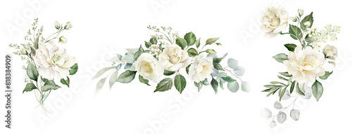 White flowers and green eucalyptus leaves watercolor illustration isolated on transparent background. Creamy roses bouquets, wedding florals