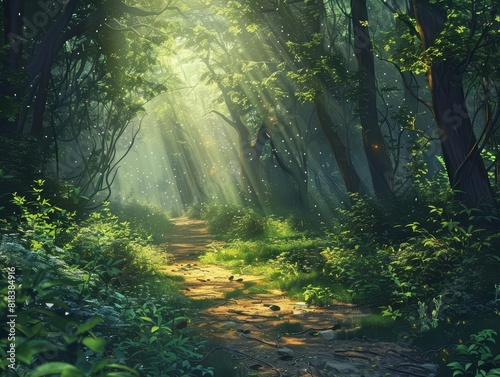 An artistic depiction of a forest trail with a glowing clearing at the end