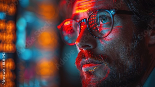 Wallpaper Mural A young man wearing glasses looks at a computer screen with a reflection of binary code on his glasses. The background is a blur of orange and blue lights. Torontodigital.ca