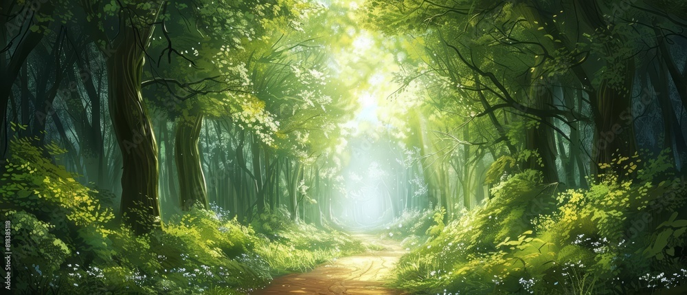 Obraz premium An illustration of a forest path with a bright clearing at the end