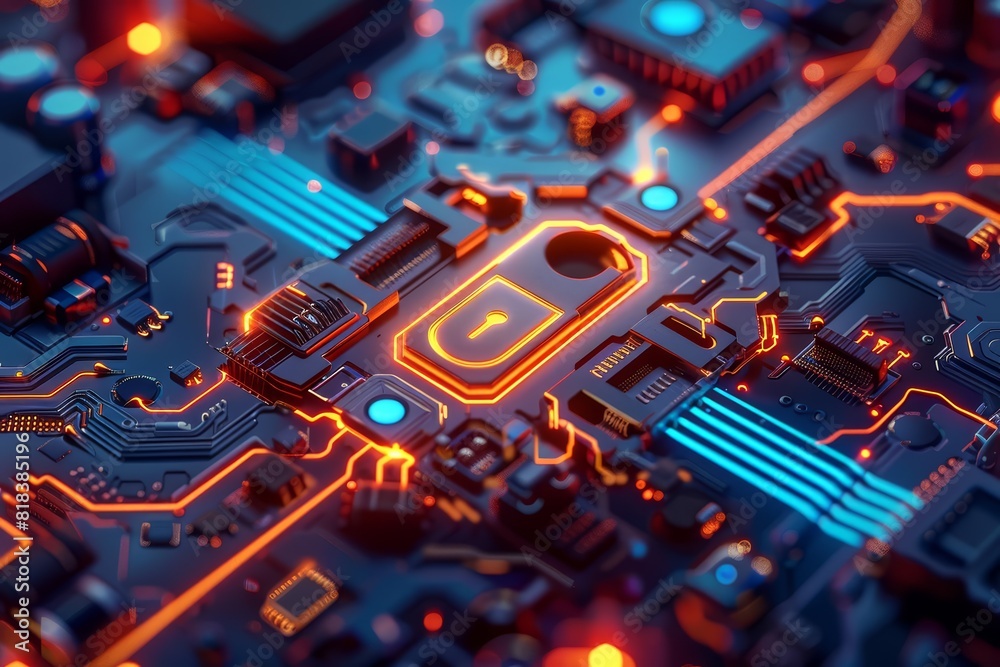 An illustration of a glowing digital lock integrated into a circuit board An illustration of a glowing digital lock integrated into a circuit board