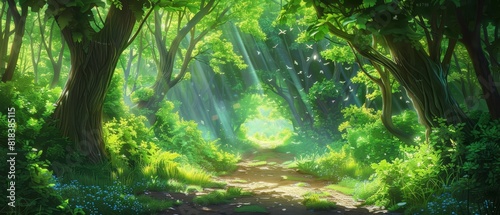 An illustration of a forest path with a bright clearing at the end