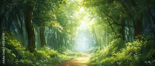 An illustration of a forest path with a bright clearing at the end