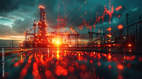 A digital painting of an oil refinery at night. The sky is dark and there is a bright orange glow from the refinery lights reflecting off the water.