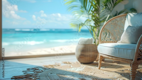 Cozy Beachfront Lounge with Ocean View,A cozy lounge chair and decor with a stunning ocean view, offering a perfect spot for relaxation and tranquility.