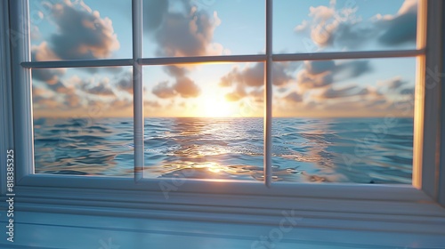Sunset Ocean View Through Window,A beautiful sunset over the ocean is seen through a window, creating a tranquil and picturesque view from inside.

