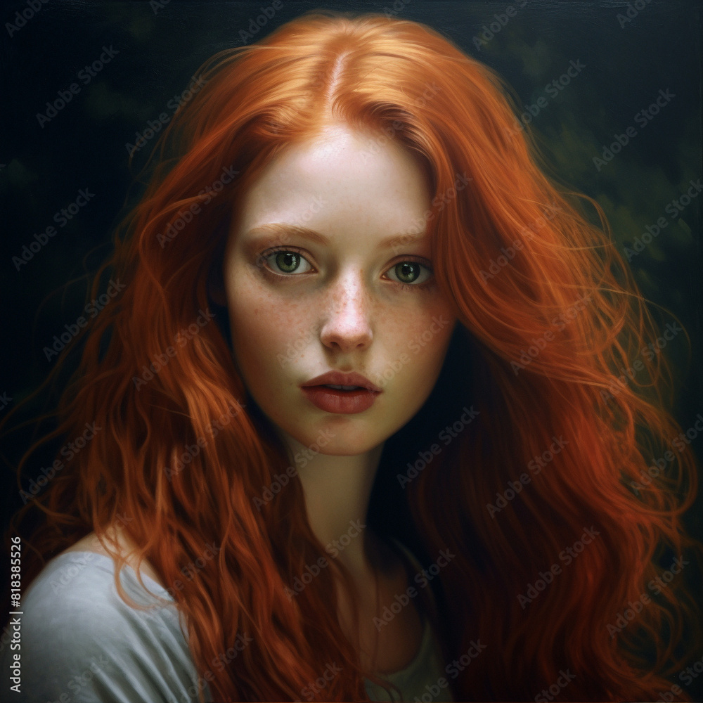 Naklejka premium Red Haired Bruntte girl Face Closeup Portrait elegant princess dress