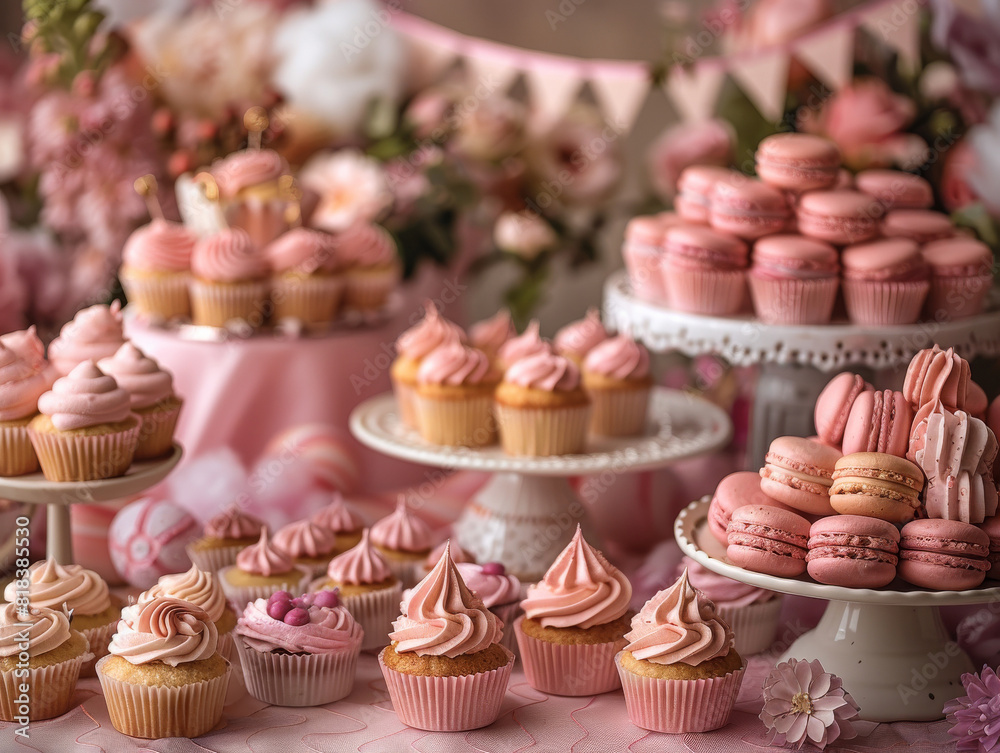 A variety of pink pastries arranged in a decorated display. A variety of pink pastries arranged in a decorated display.