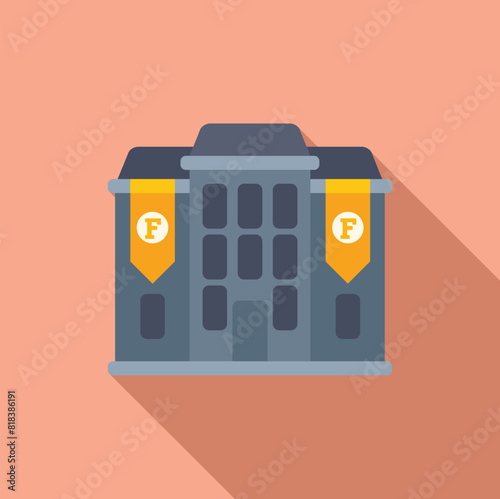 Vintage firehouse illustration with flat design. Featuring a colorful facade of a retro fire station building. Showcasing the emblem of the firefighting department in a simple. Vintage vector graphic