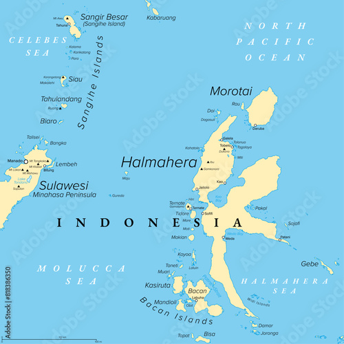 Halmahera, island in Indonesia, political map. Largest island of the Moluccas, or also Maluku Islands, and part of the North Maluku province. With Morotai, Bacan Islands and a part of North Sulawesi. photo