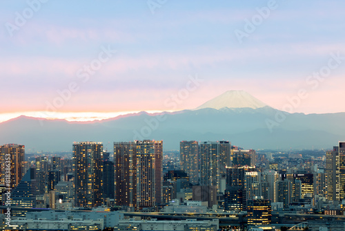 View of Mount Fuji from Tokyo, Japan at sunset photo