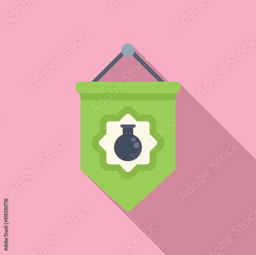 Minimalist vector illustration of a green banner with a potion bottle icon, cast in soft shadow