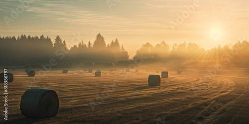 Peaceful rural sunrise over a field dotted with hay bales, the early morning light casting long shadows and warming the chilled air