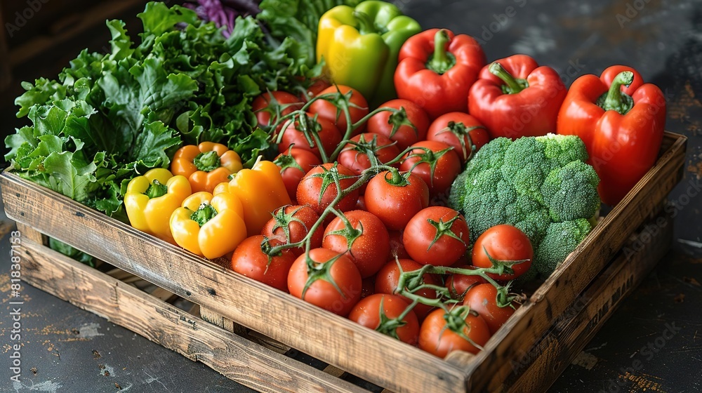A crate of fresh, organic vegetables, including tomatoes, peppers, broccoli, and kale A crate of fresh, organic vegetables, including tomatoes, peppers, broccoli, and kale