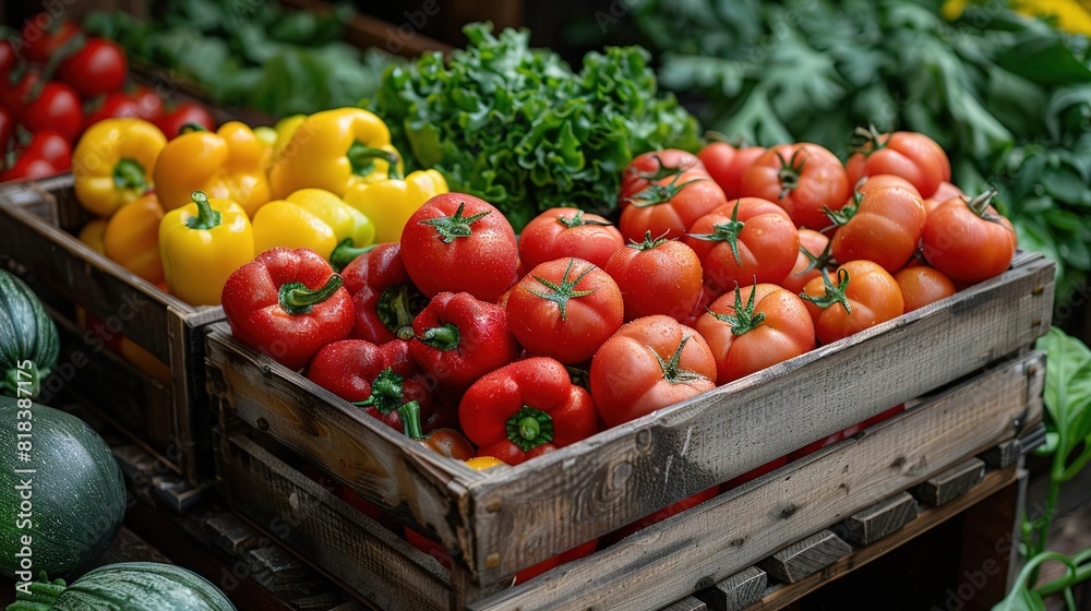 A crate of fresh, organic vegetables including red and yellow bell peppers and ripe tomatoes. The vegetables are displayed at a local farmer's market. A crate of fresh, organic vegetables including red and yellow bell peppers and ripe tomatoes. The vegetables are displayed at a local farmer's market.