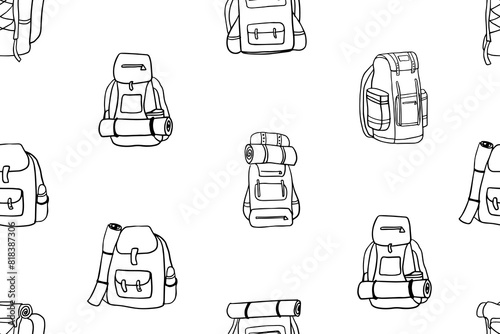 Seamless pattern of backpacks and rucksack for camping and hiking in doodle style. Travel accessories and equipment. Travel and adventure design. Hand drawn vector illustration