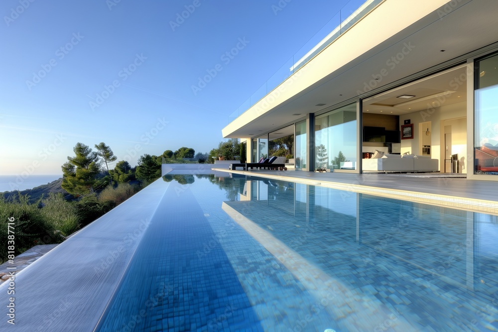: A luxurious modern villa with a swimming pool that features a glass edge, creating a seamless visual effect with the surrounding landscape, captured in stunning detail. : A luxurious modern villa with a swimming pool that features a glass edge, creating a seamless visual effect with the surrounding landscape, captured in stunning detail.