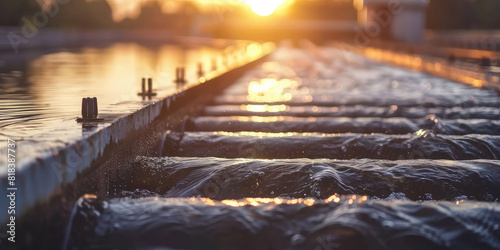 Closeup Water Treatment Plant at sunset. Water industry wallpaper, water purification outdoor water purification systems.