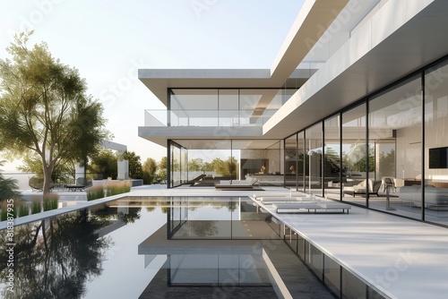   A sleek modern luxury villa with expansive glass walls  overlooking a sparkling swimming pool surrounded by minimalist landscaping  captured in high definition.