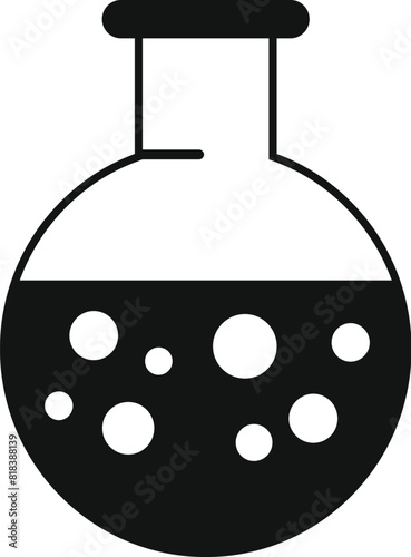 Black and white vector icon of a roundbottom flask with effervescing liquid, depicting chemical reaction