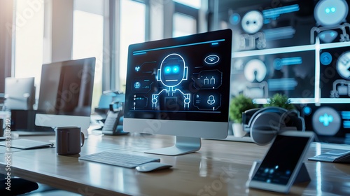 AI chatbot interface displayed on a computer screen in a modern office setting, showcasing innovative technology in artificial intelligence and data processing
