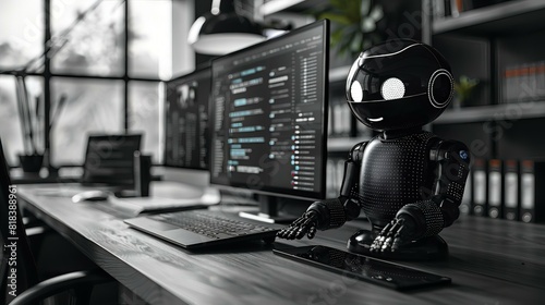 AI chatbot performing real-time data analysis on a digital interface in a sophisticated office setting