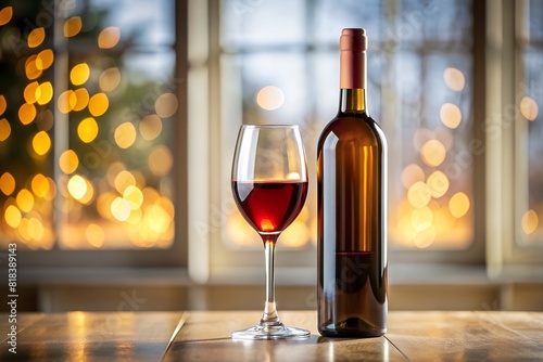 wineglass with red wine and bottle next to the window with sunset, golden hour, bokeh background