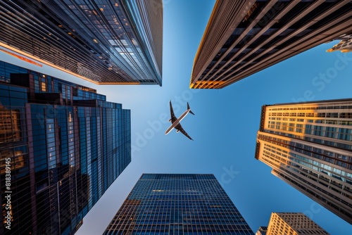 Low-angle view of tall skyscrapers with an airplane flying above  symbolizing the sky in business photography.