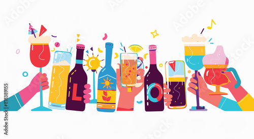 A group of people celebrating holding alcoholic drinks. Friends toasting with drinks