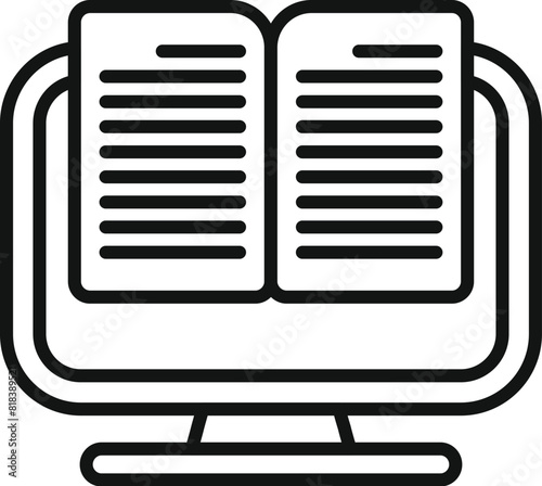 Black and white icon of an ebook open on a computer monitor, symbolizing online reading
