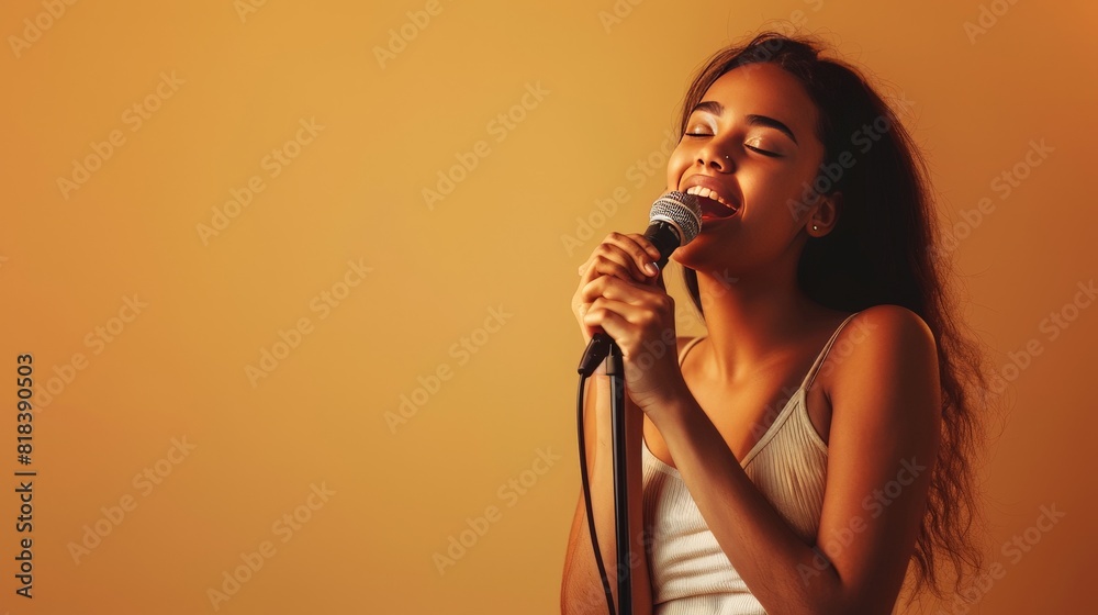 full body length young woman singing holding a microphone, golden brown background, copy space  