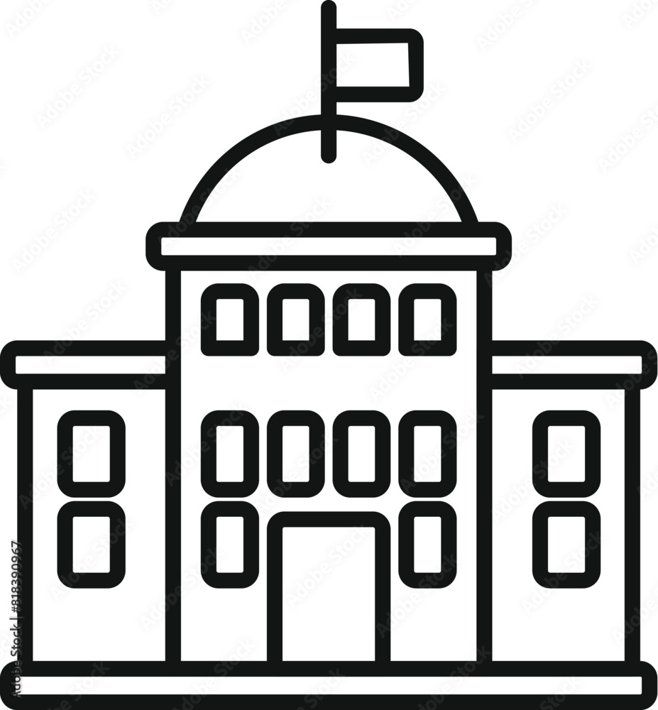 Government building line icon with flag and cityscape in black and white minimalist vector illustration of municipal courthouse and city administration symbol Government building line icon with flag and cityscape in black and white minimalist vector illustration of municipal courthouse and city administration symbol