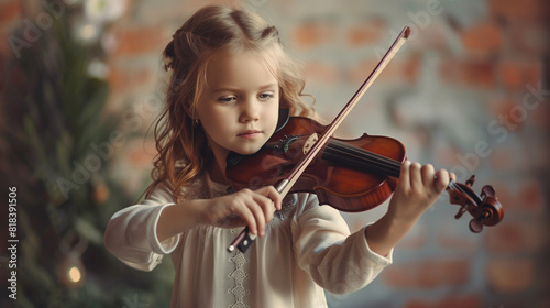  Charming little girl learning to play the violin with an artistic music teacher, Young violinist in training with mentor, Music lesson for children, Violin practice session for kids, Artistic violin 
