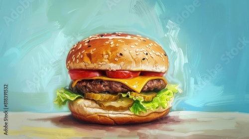 pencil drawing  vibrant colors  a hamburger with onions  tomato  lettuce  pickle  ketchup  mustard